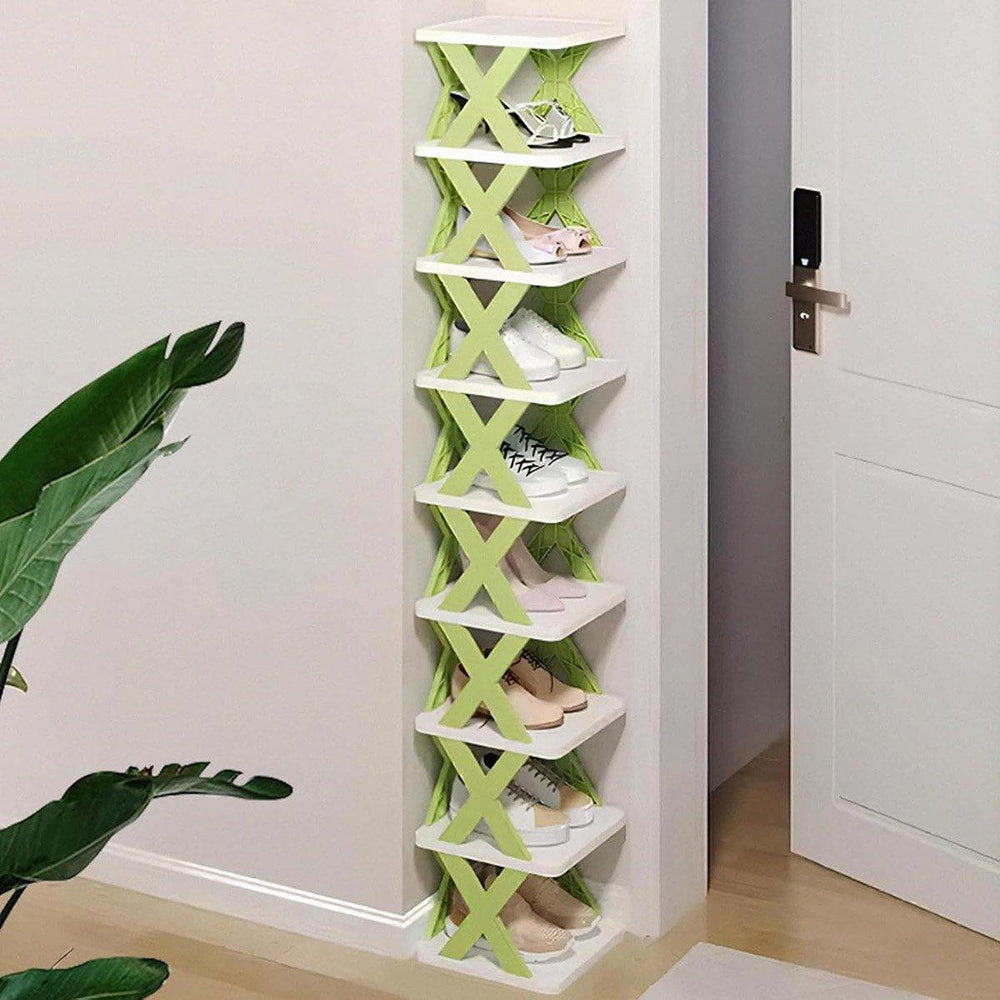 Compact shoe rack organising shoes beside an entryway door