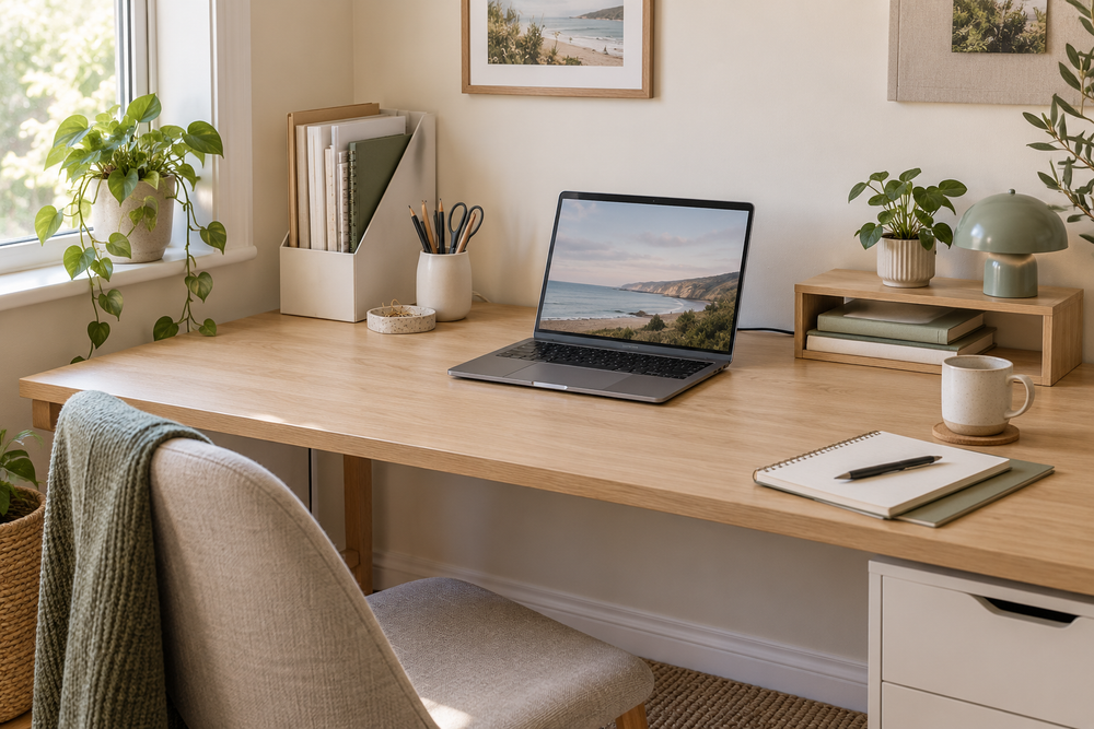 Illustrative home office scene with upright files, contained stationery and a clear working surface