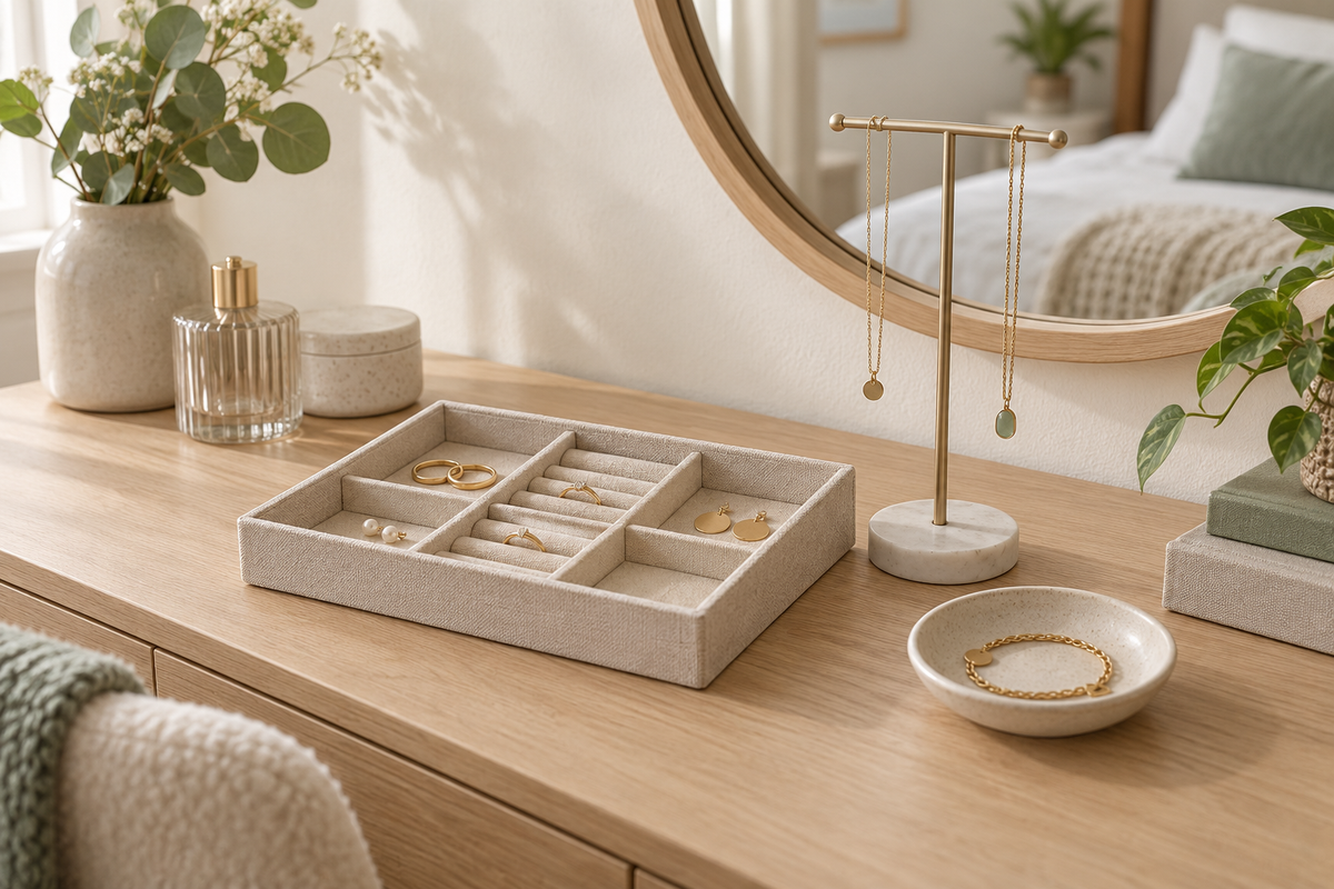 Illustrative dressing table scene with earrings and rings separated in a jewellery tray and necklaces on a stand