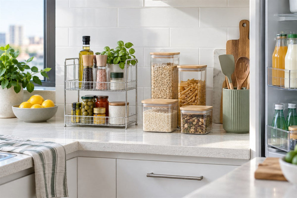 Kitchen storage scene with dry-food containers, jars and a two-tier shelf