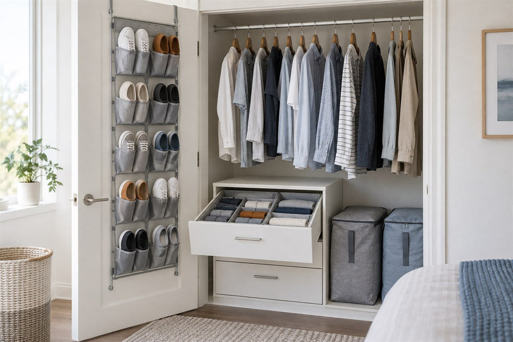 Organised wardrobe with hanging clothes, drawer dividers and shoe pockets