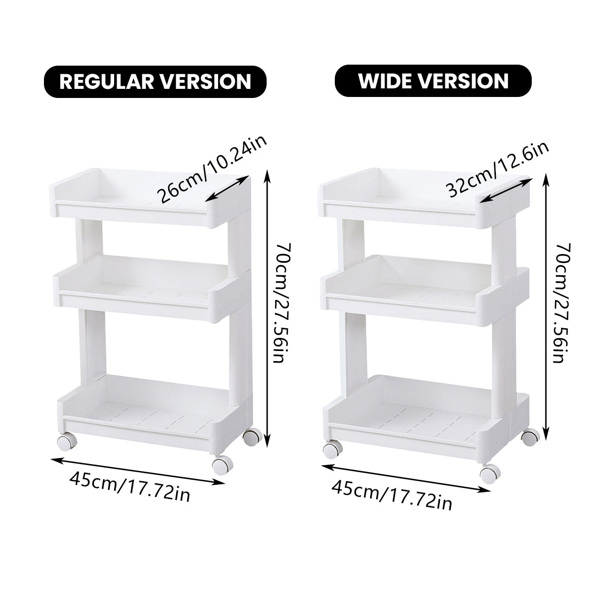 3 Tier Rolling Bathroom Cart Two Widths Set | StorageOZ