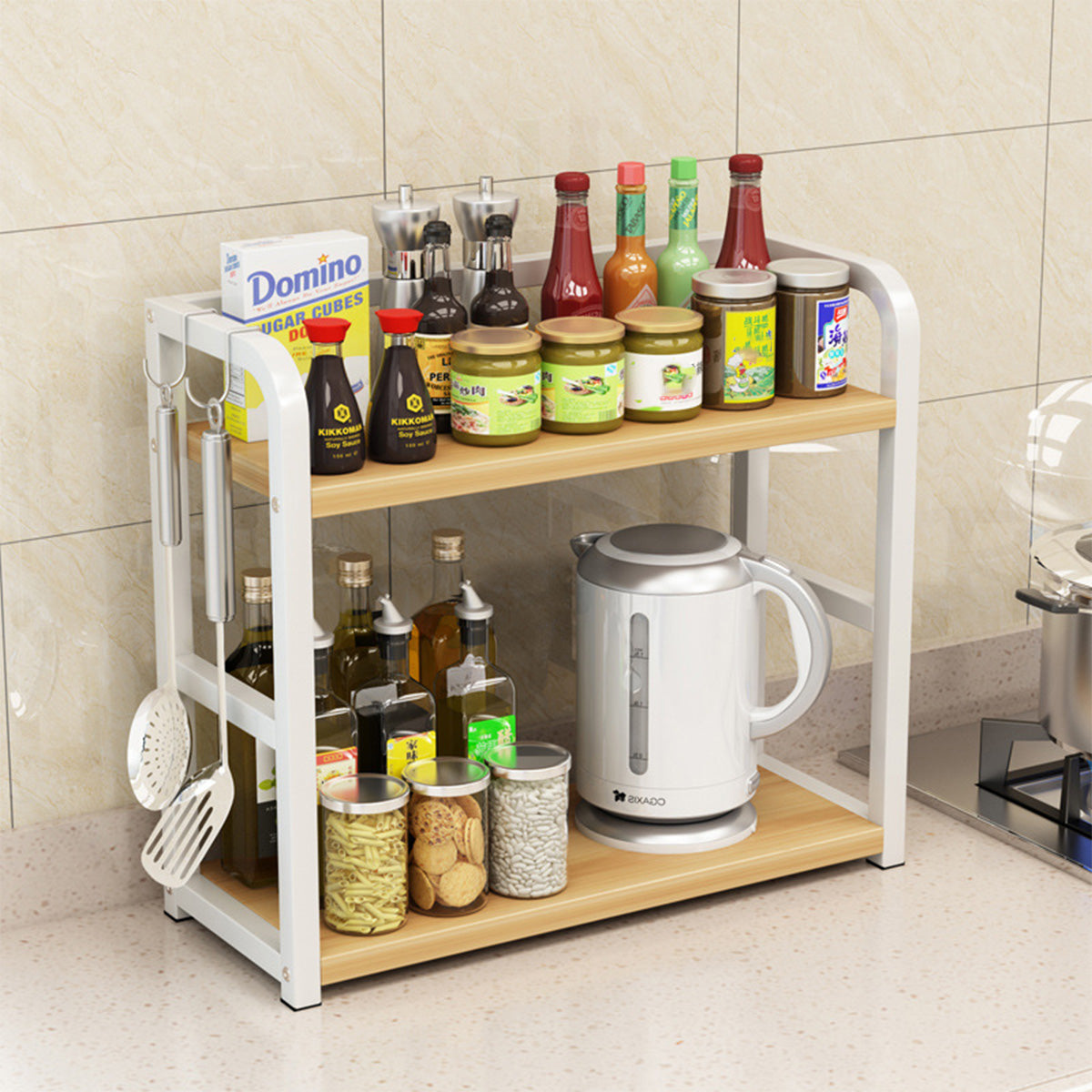 2 Tier Kitchen Storage Rack Floor Standing 50 x 42 x 14cm Spice Seasoning Shelf
