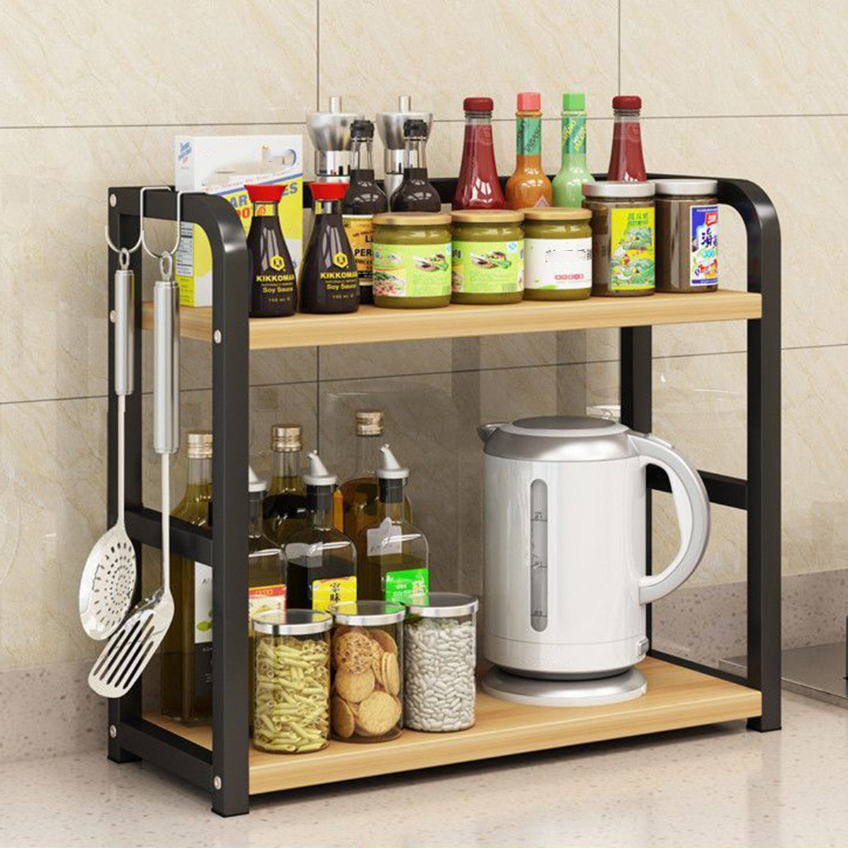 2 Tier Kitchen Storage Rack Floor Standing 50 x 42 x 14cm Spice Seasoning Shelf