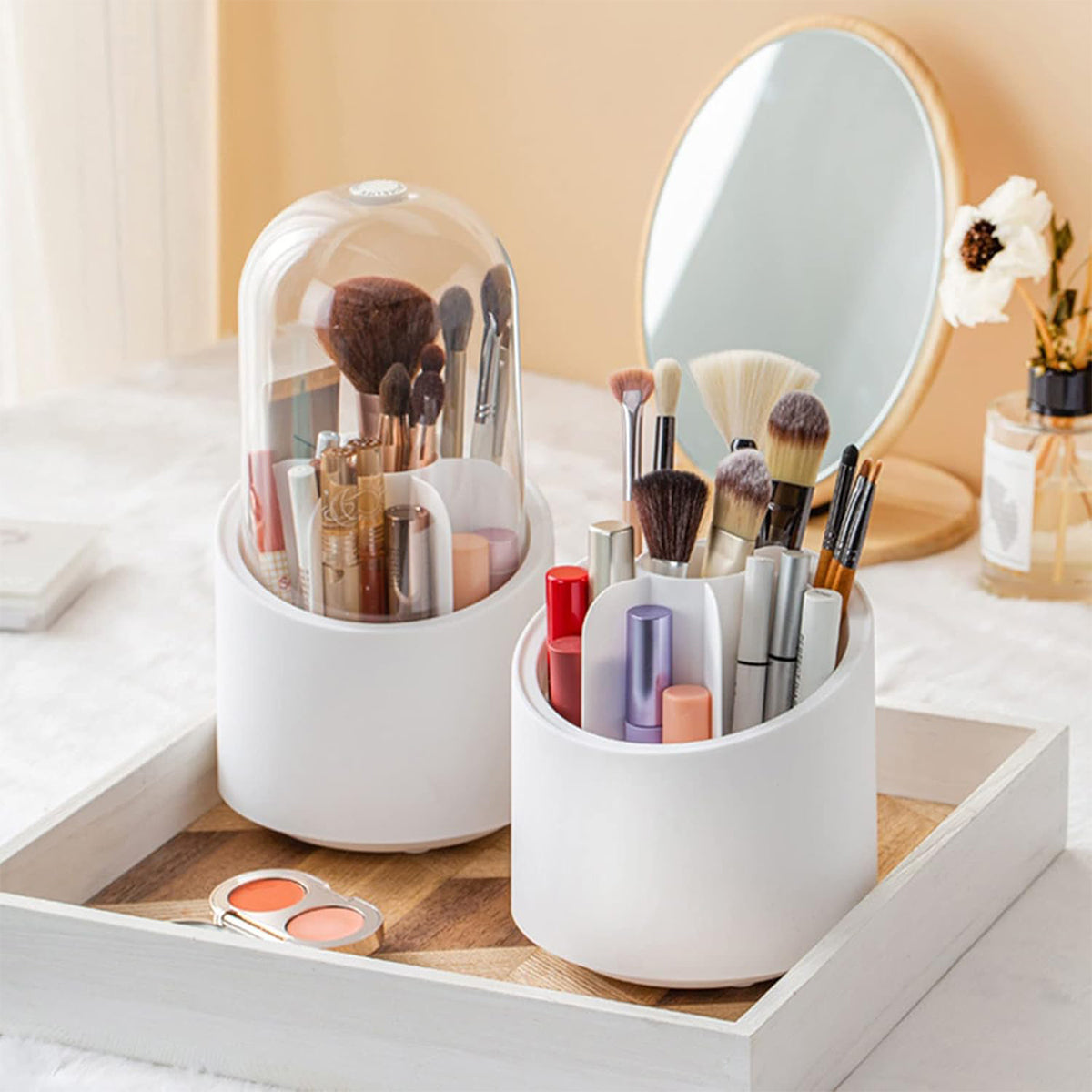 2 Pcs Rotating Makeup Brush Box with Cover | StorageOZ