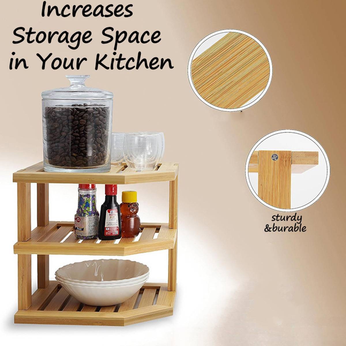 Bamboo 3 Tier Corner Kitchen Shelf Organiser | StorageOZ