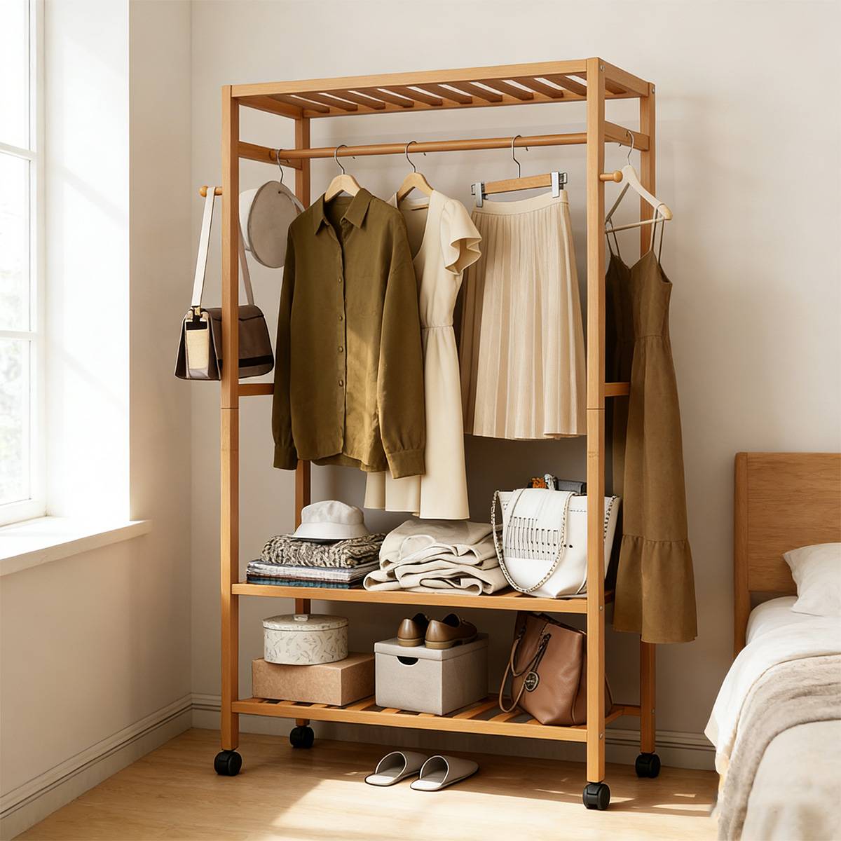 Bamboo Floor Clothes Rack on Wheels 160x80x32cm