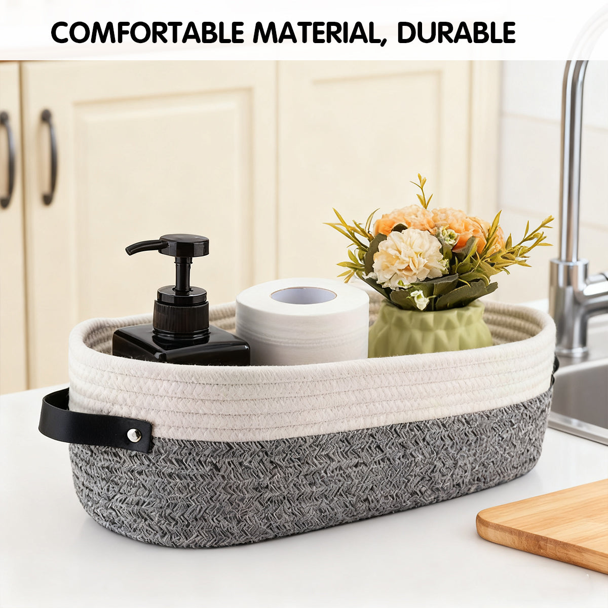 Oval Fabric Basket Leather Handles Two Colours | StorageOZ
