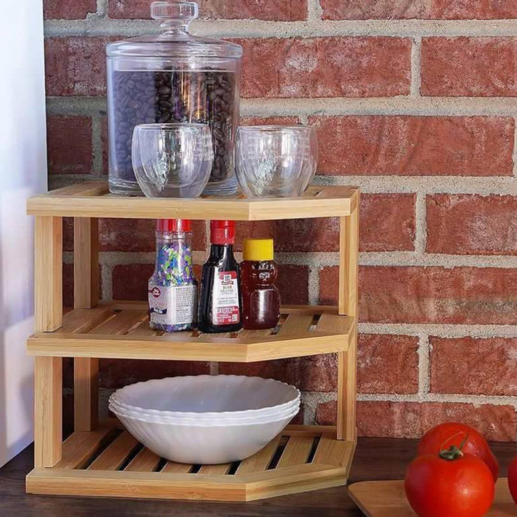 Bamboo 3 Tier Corner Kitchen Shelf Organiser | StorageOZ