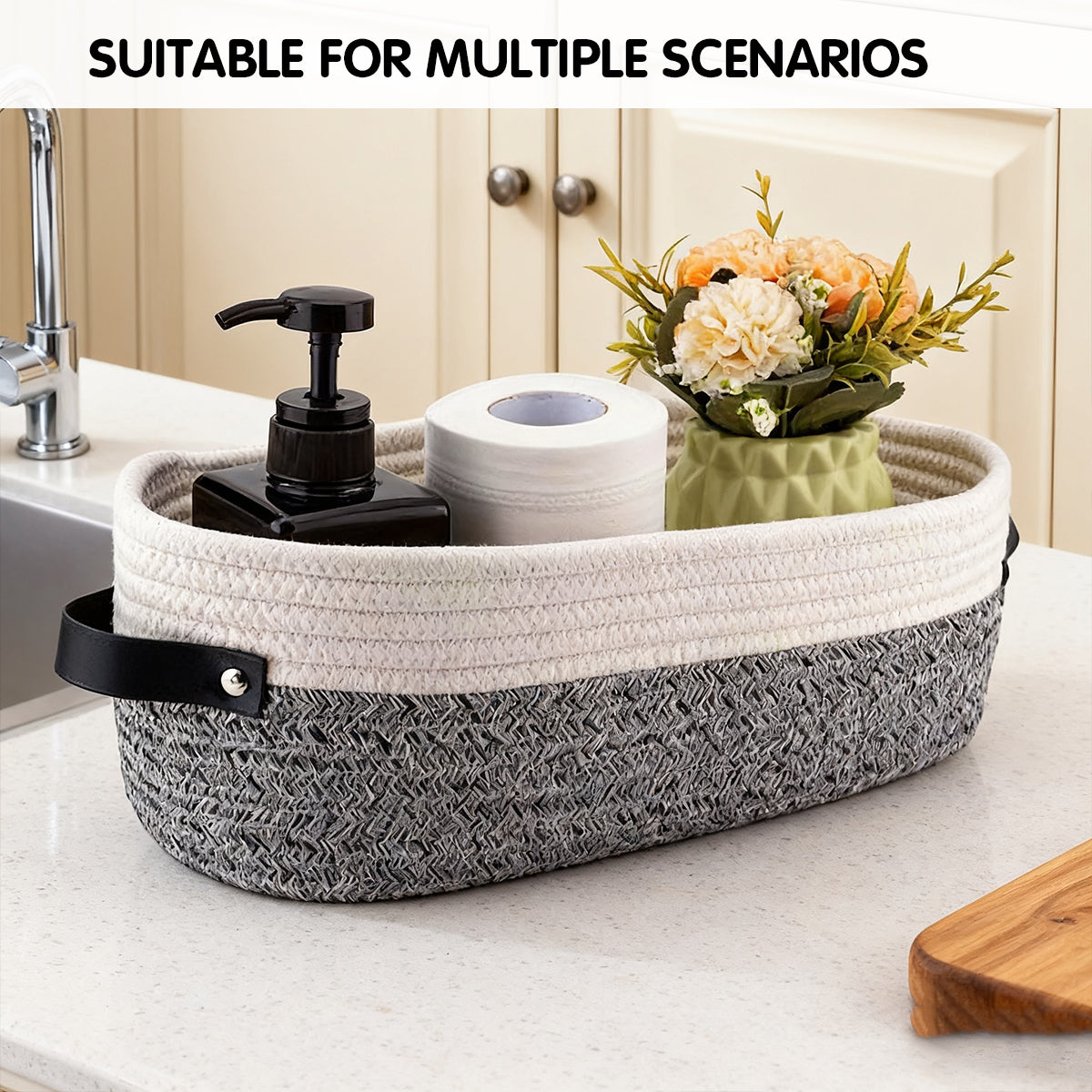 Oval Fabric Basket Leather Handles Two Colours | StorageOZ