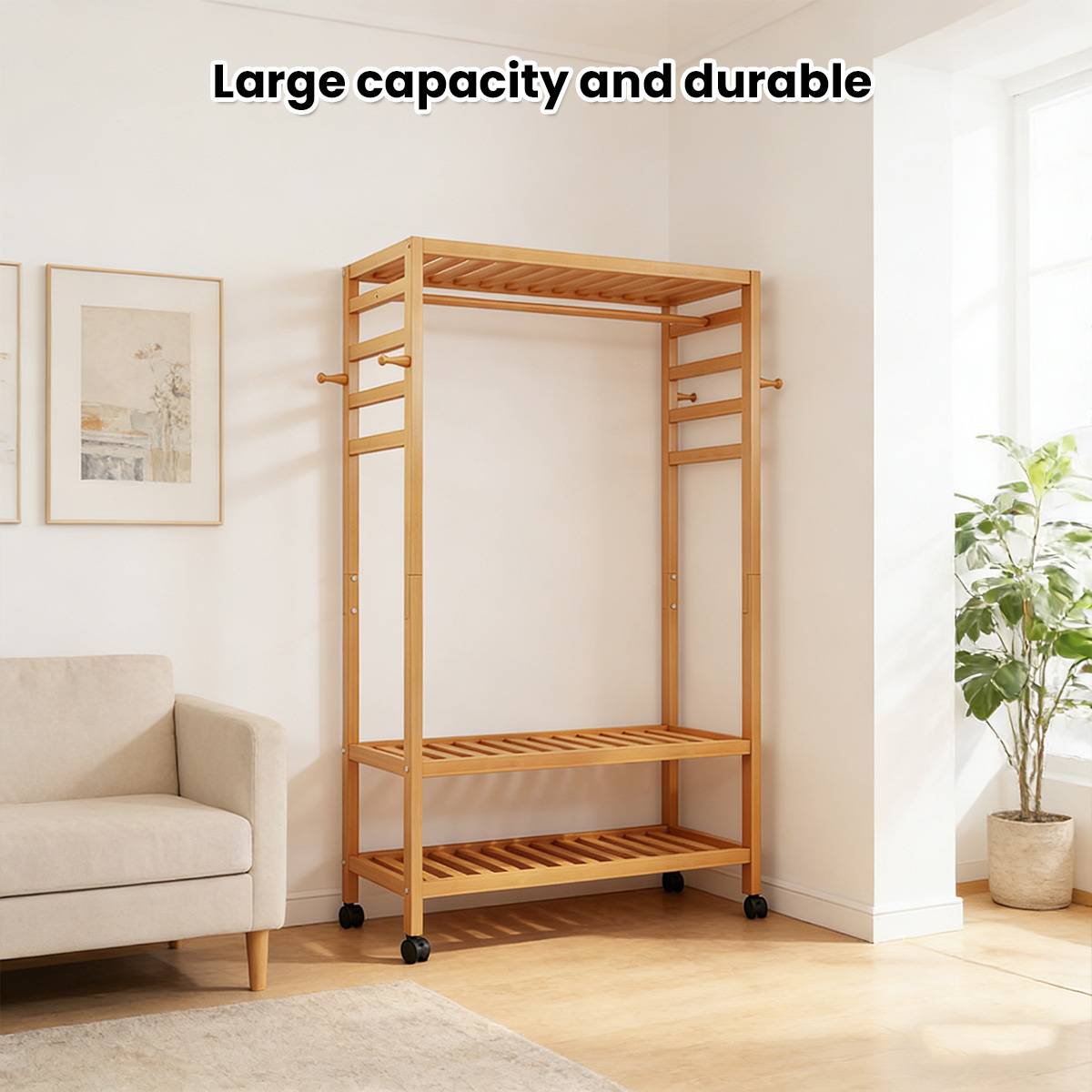 Bamboo Floor Clothes Rack on Wheels 160x80x32cm