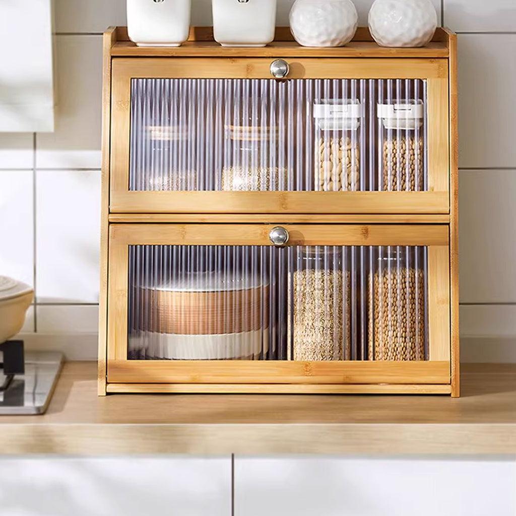 Bamboo Kitchen Storage Rack 3 Tier Acrylic Doors Spice 40 x 28 x 50cm