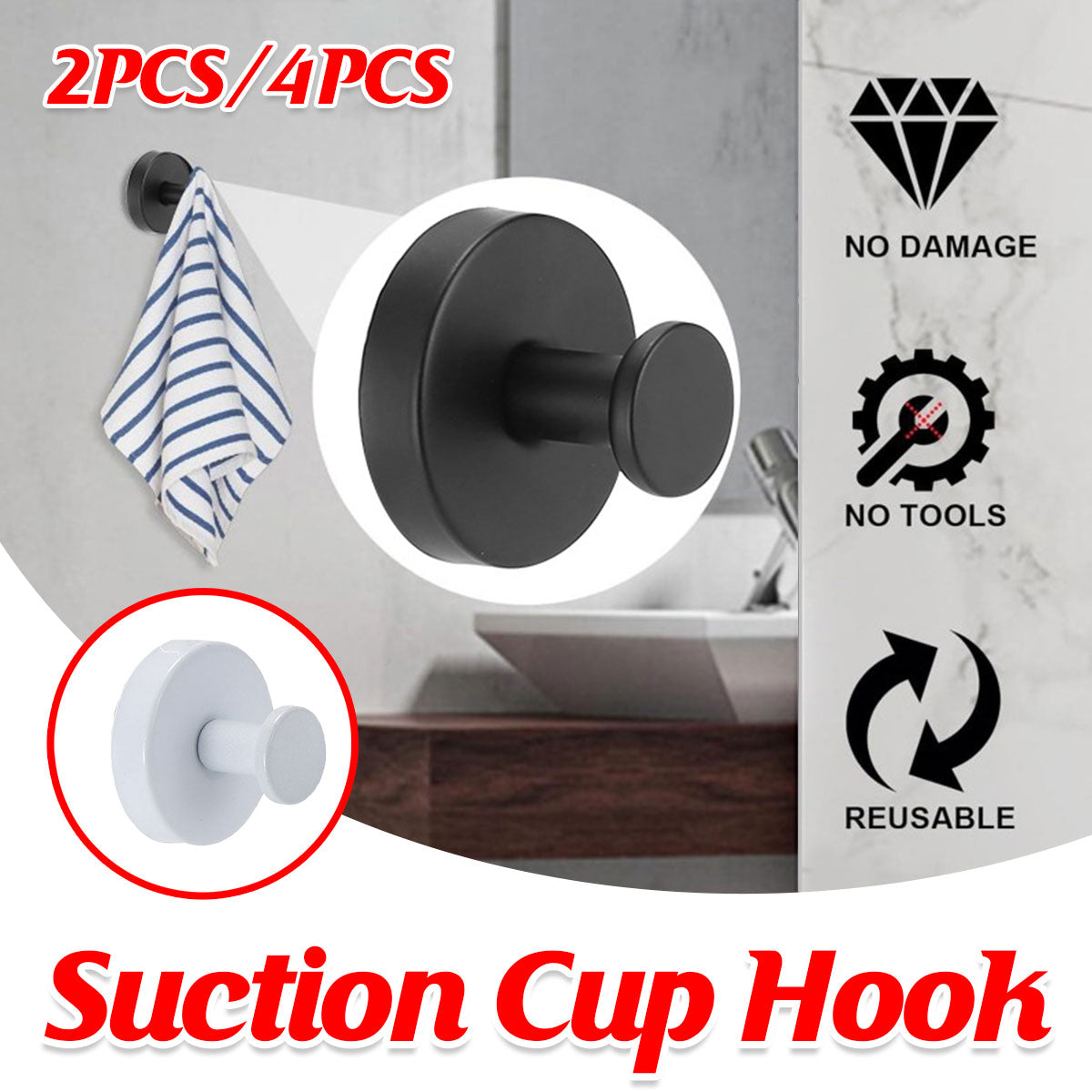 Suction Cup Hooks 2 or 4 Pcs Two Colours | StorageOZ