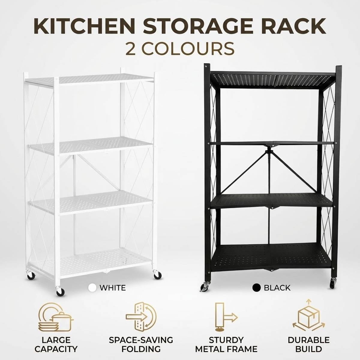 Foldable 4 Tier Kitchen Storage Rack on Wheels