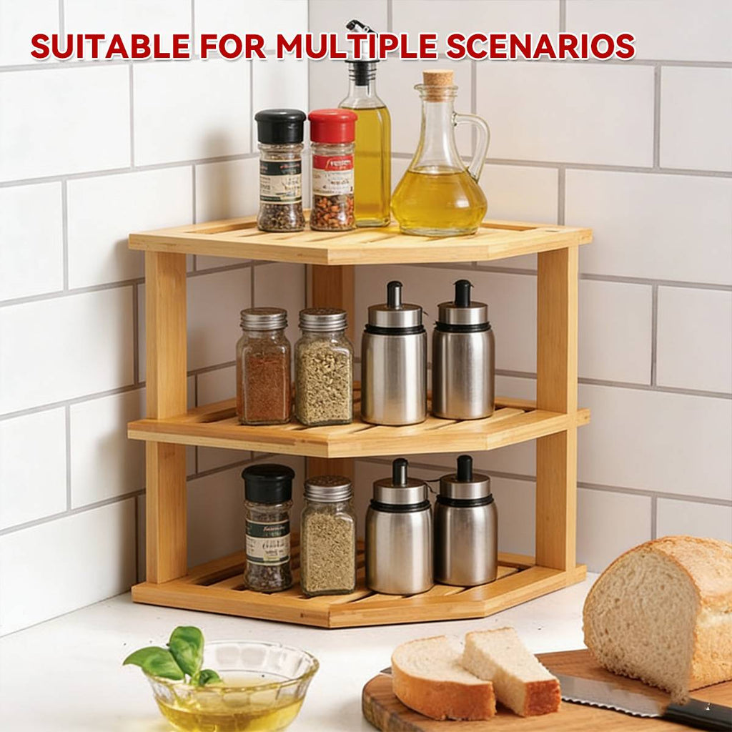 Bamboo 3 Tier Corner Kitchen Shelf Organiser | StorageOZ