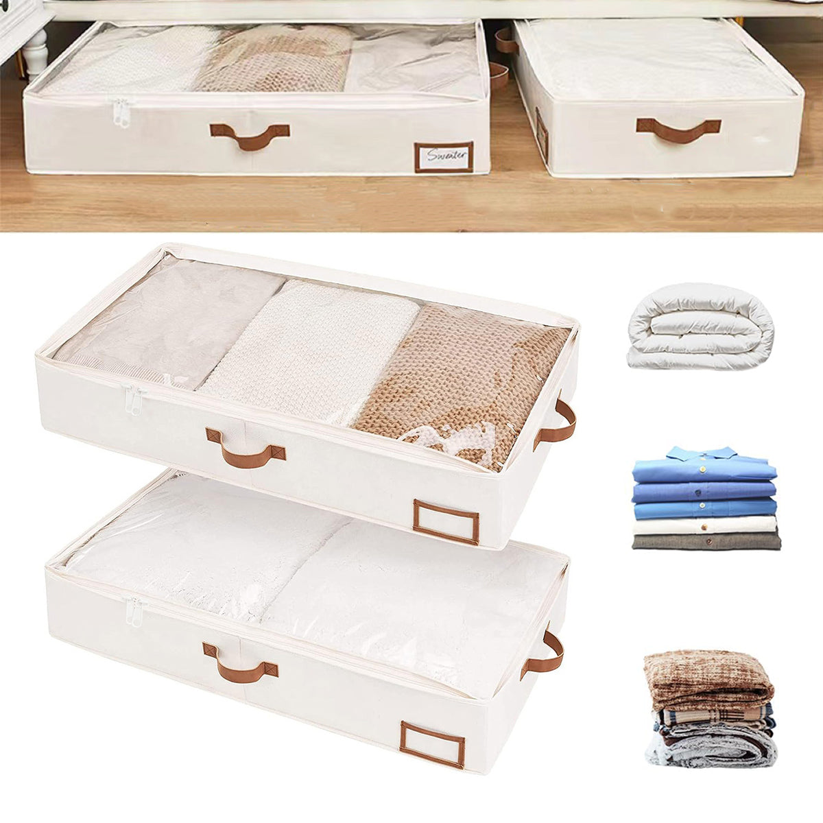 Under Bed Storage Bag 2PCS Foldable Wardrobe Clothes Quilt Organiser 80x45x15cm
