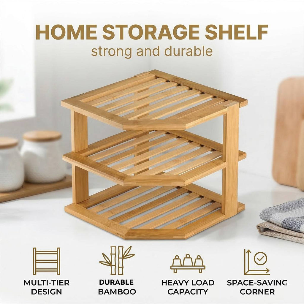 Bamboo 3 Tier Corner Kitchen Shelf Organiser | StorageOZ
