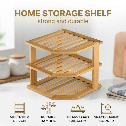 Bamboo 3 Tier Corner Kitchen Shelf Organiser | StorageOZ