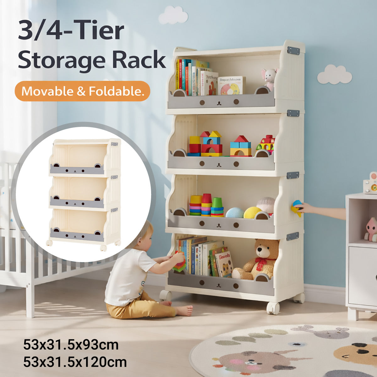 Cream Foldable Rolling Rack Two Heights Set | StorageOZ