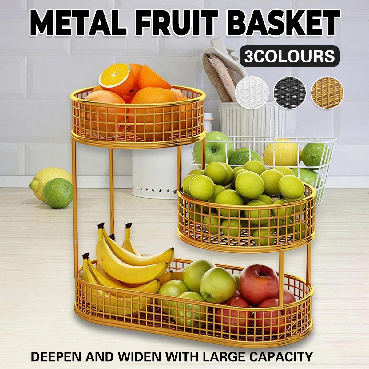 3 Tier Metal Fruit Basket in Three Colours | StorageOZ