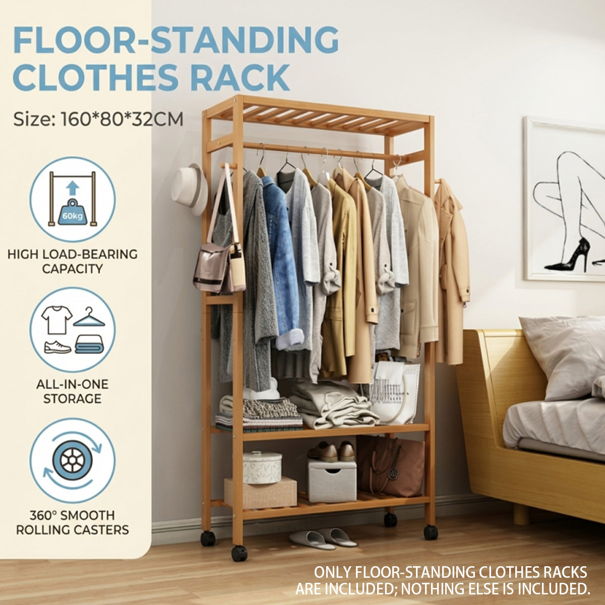 Bamboo Floor Clothes Rack on Wheels 160x80x32cm