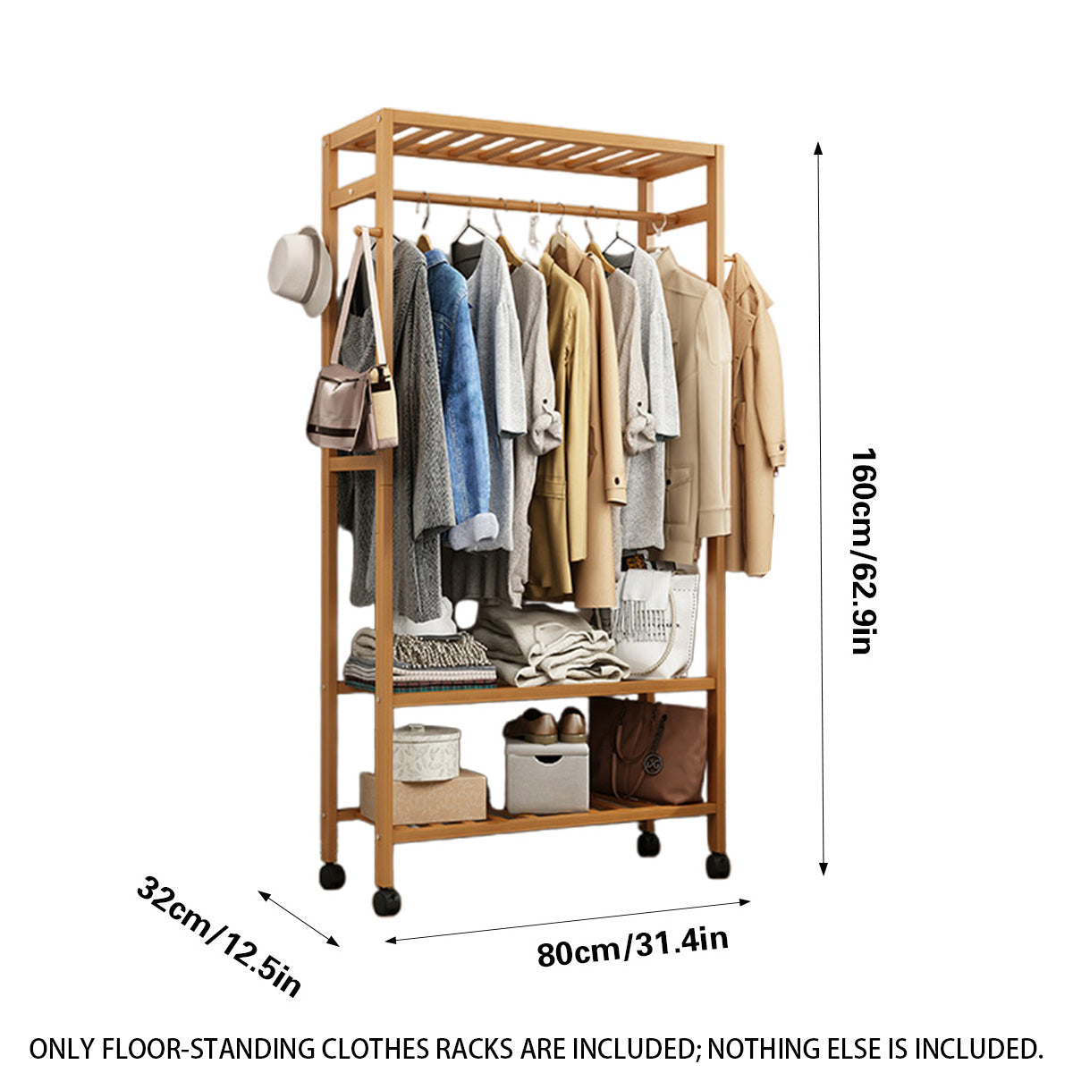 Bamboo Floor Clothes Rack on Wheels 160x80x32cm