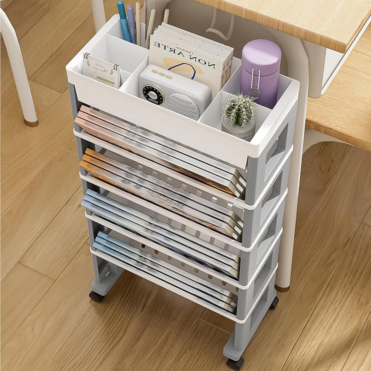 4 Tier Rolling Magazine File Cart Grey White | StorageOZ