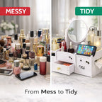 White Desktop Makeup Organiser with Reversible Mirror, Drawer & Phone Slot