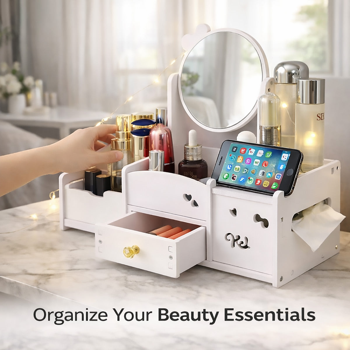 White Desktop Makeup Organiser with Reversible Mirror, Drawer & Phone Slot