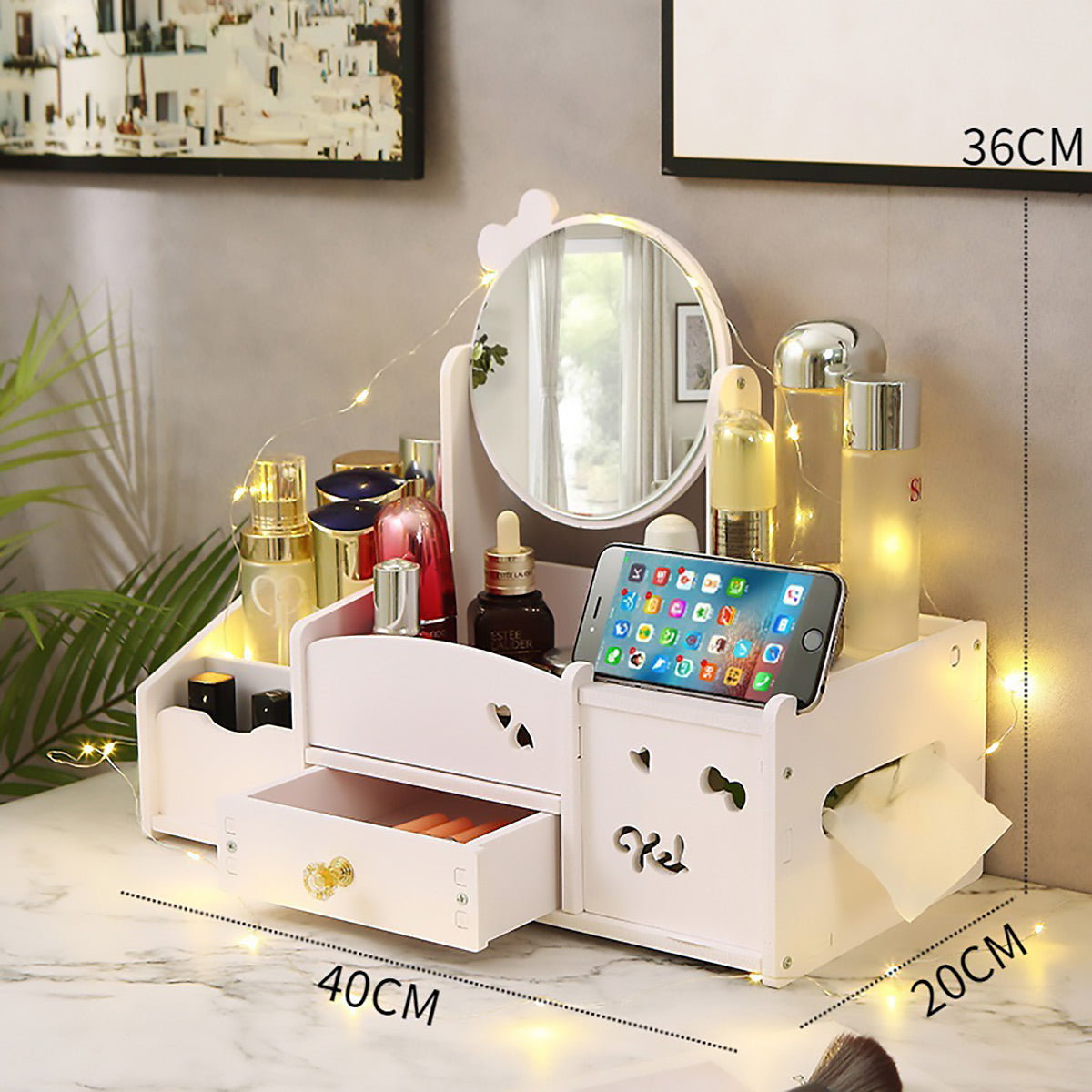 White Desktop Makeup Organiser with Reversible Mirror, Drawer & Phone Slot