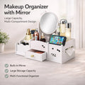 White Desktop Makeup Organiser with Reversible Mirror, Drawer & Phone Slot