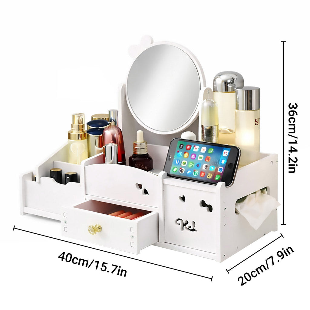 White Desktop Makeup Organiser with Reversible Mirror, Drawer & Phone Slot