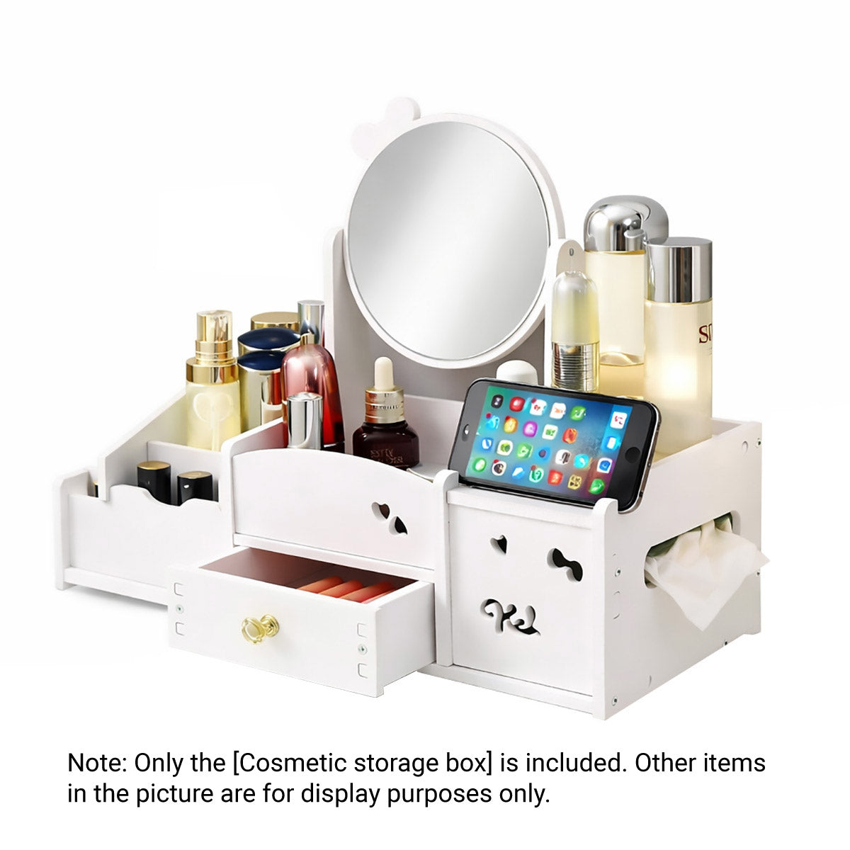 White Desktop Makeup Organiser with Reversible Mirror, Drawer & Phone Slot