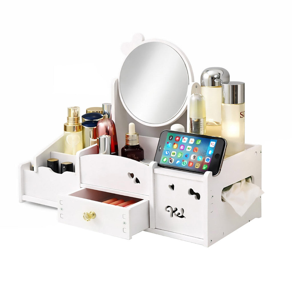 White Desktop Makeup Organiser with Reversible Mirror, Drawer & Phone Slot