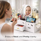 White Desktop Makeup Organiser with Reversible Mirror, Drawer & Phone Slot