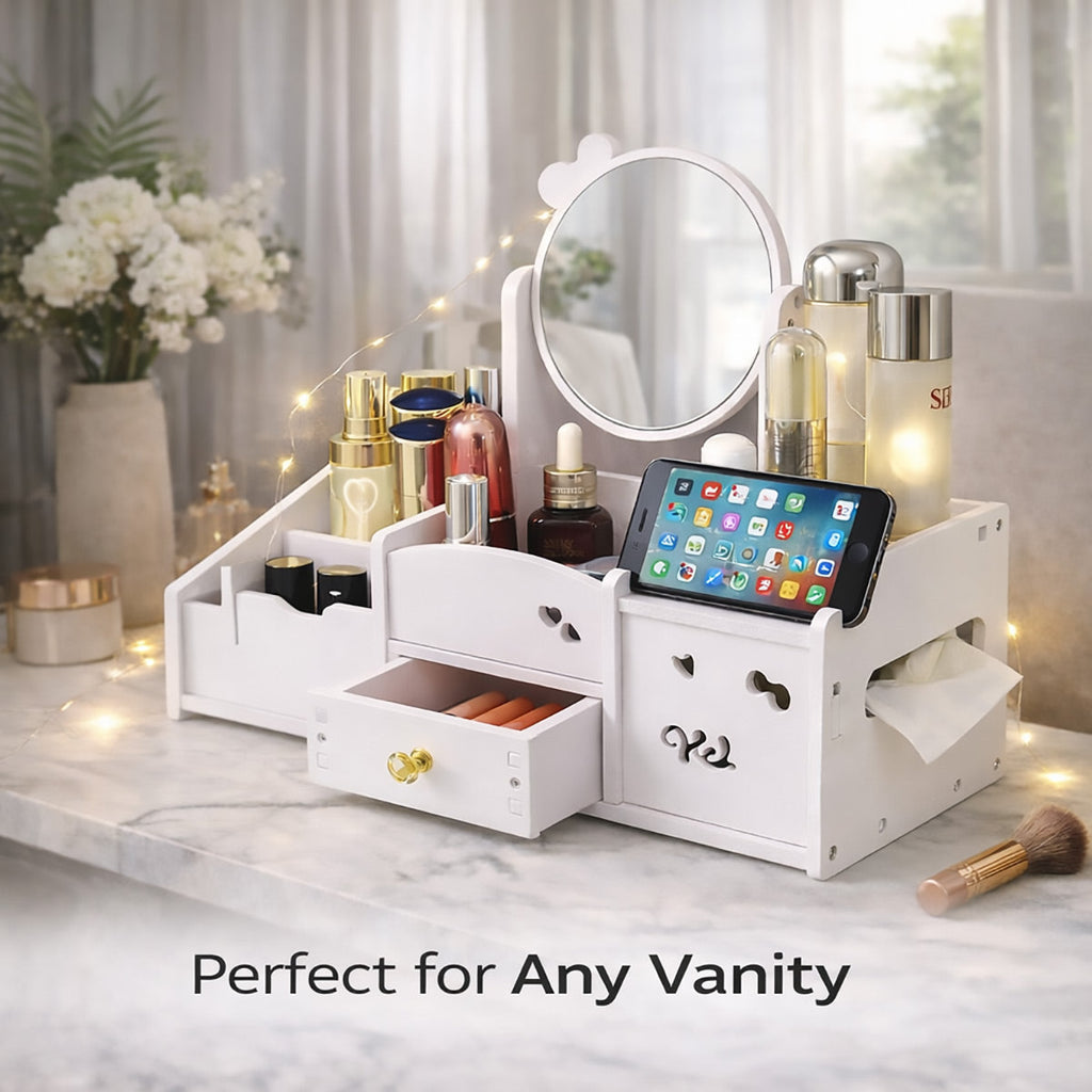 White Desktop Makeup Organiser with Reversible Mirror, Drawer & Phone Slot