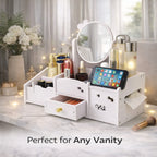 White Desktop Makeup Organiser with Reversible Mirror, Drawer & Phone Slot