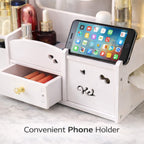 White Desktop Makeup Organiser with Reversible Mirror, Drawer & Phone Slot