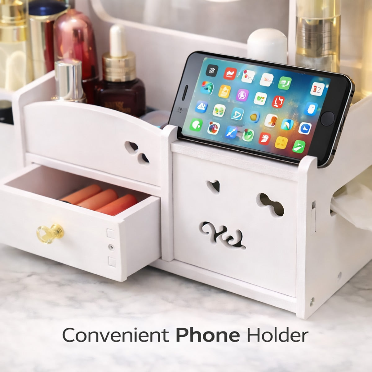 White Desktop Makeup Organiser with Reversible Mirror, Drawer & Phone Slot