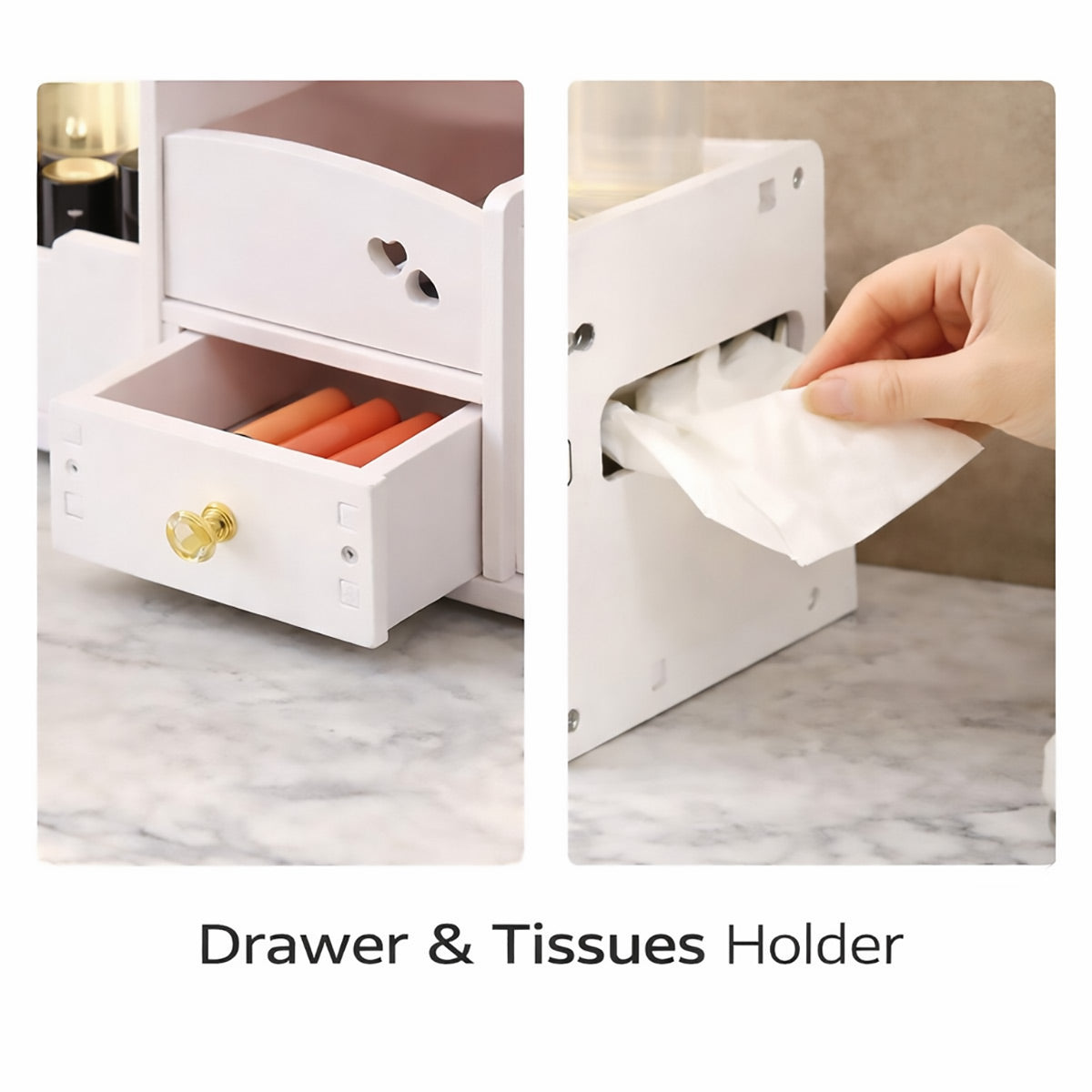 White Desktop Makeup Organiser with Reversible Mirror, Drawer & Phone Slot