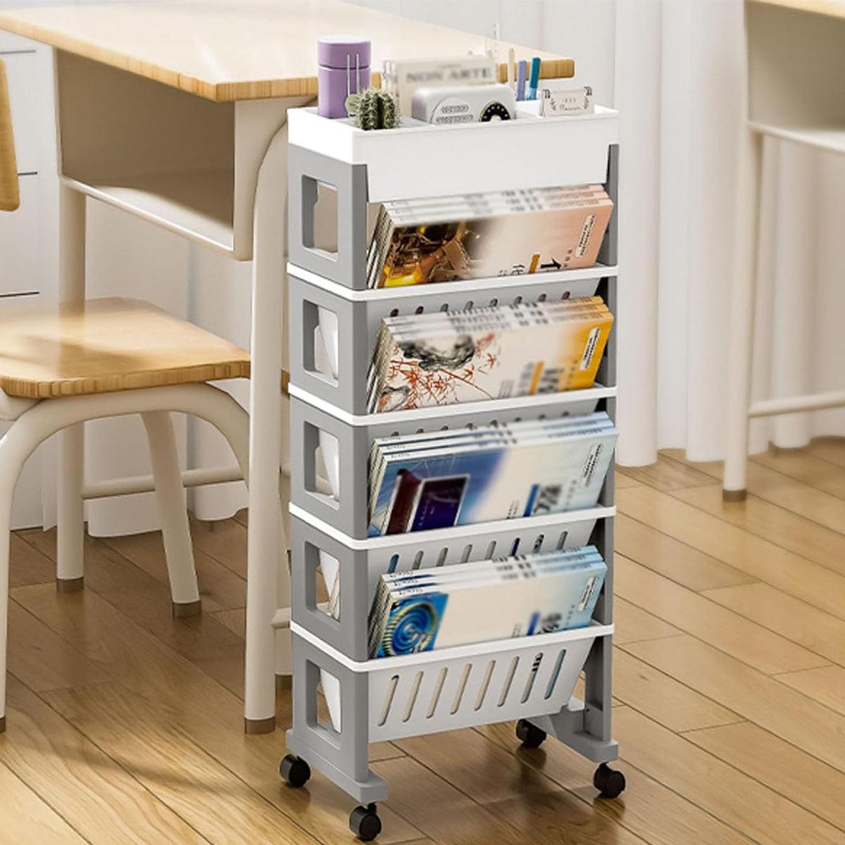 4 Tier Rolling Magazine File Cart Grey White | StorageOZ