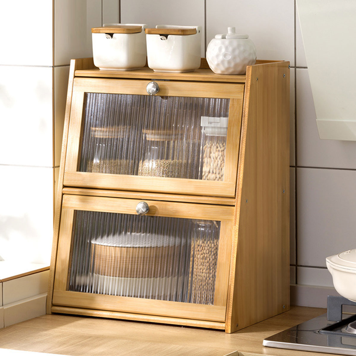 Bamboo Kitchen Storage Rack 3 Tier Acrylic Doors Spice 40 x 28 x 50cm