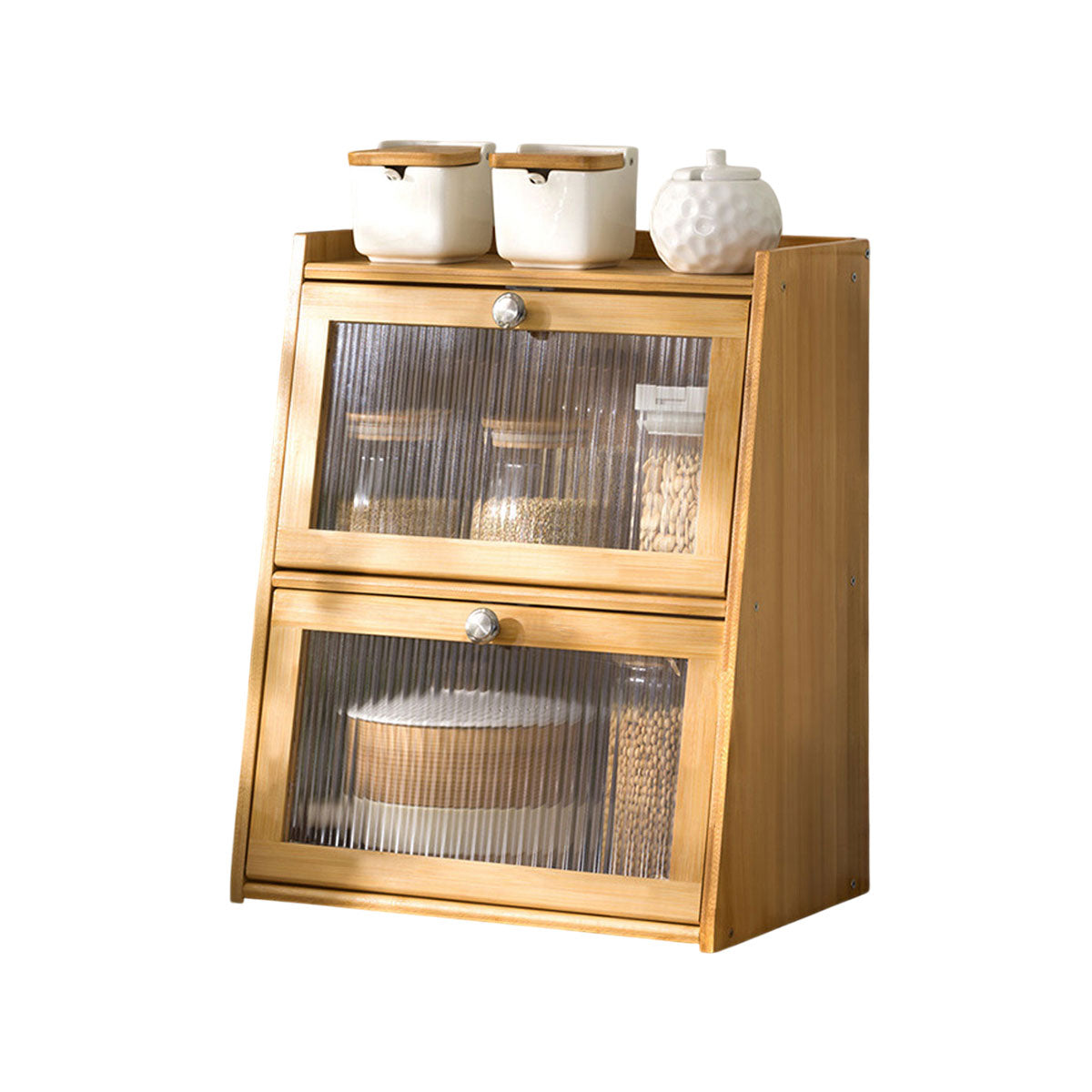 Bamboo Kitchen Storage Rack 3 Tier Acrylic Doors Spice 40 x 28 x 50cm