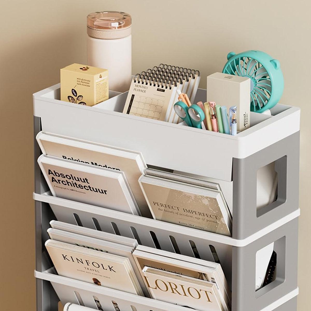4 Tier Rolling Magazine File Cart Grey White | StorageOZ