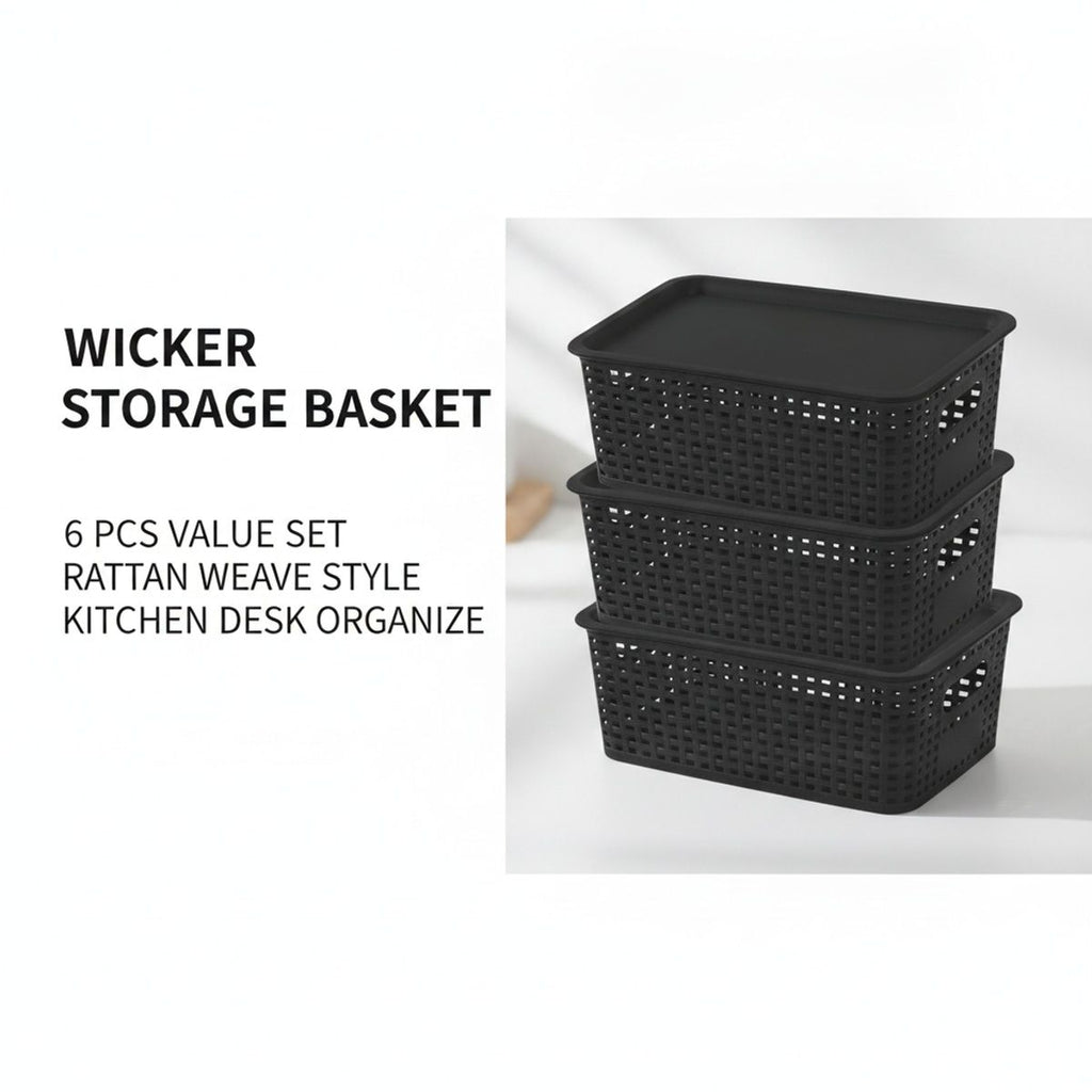 6 Pcs Wicker Style Storage Basket with Lids | StorageOZ