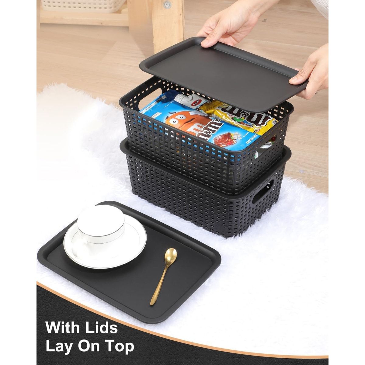 6 Pcs Wicker Style Storage Basket with Lids | StorageOZ