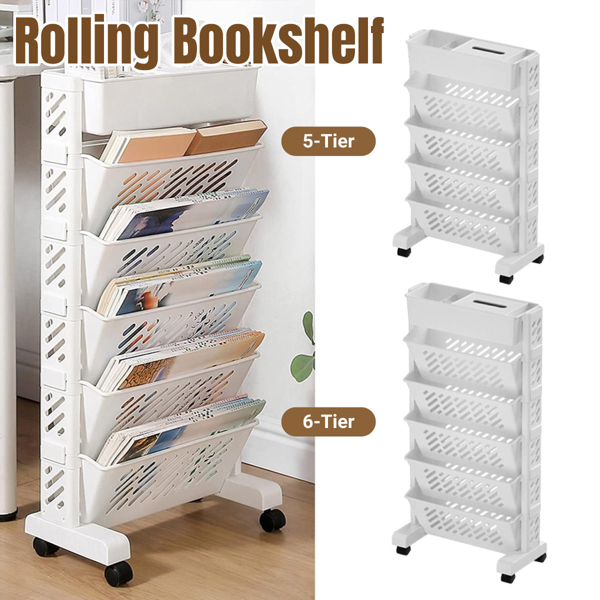 White Rolling Bookshelf 5 or 6 Tiers Set | StorageOZ
