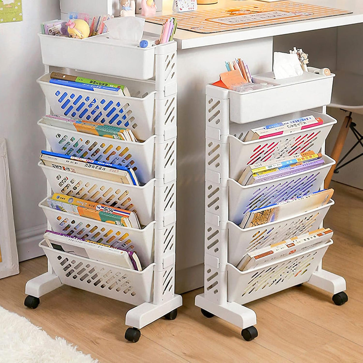 White Rolling Bookshelf 5 or 6 Tiers Set | StorageOZ