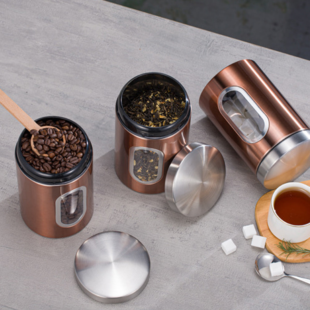 3 Pcs Windowed Steel Jars in Three Colours | StorageOZ