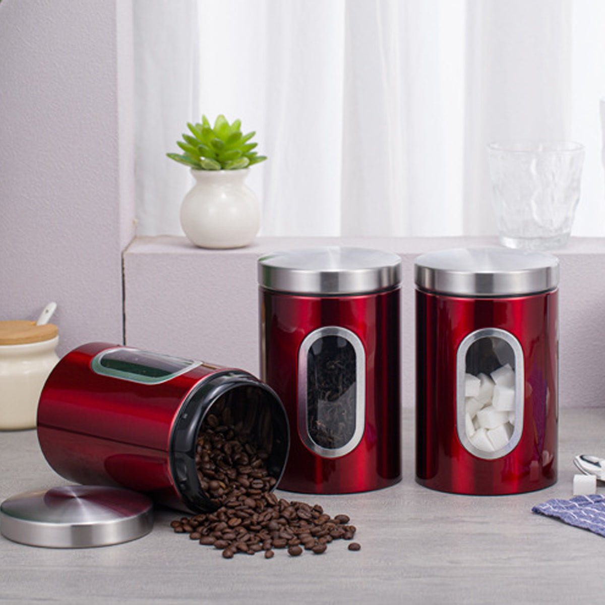 3 Pcs Windowed Steel Jars in Three Colours | StorageOZ